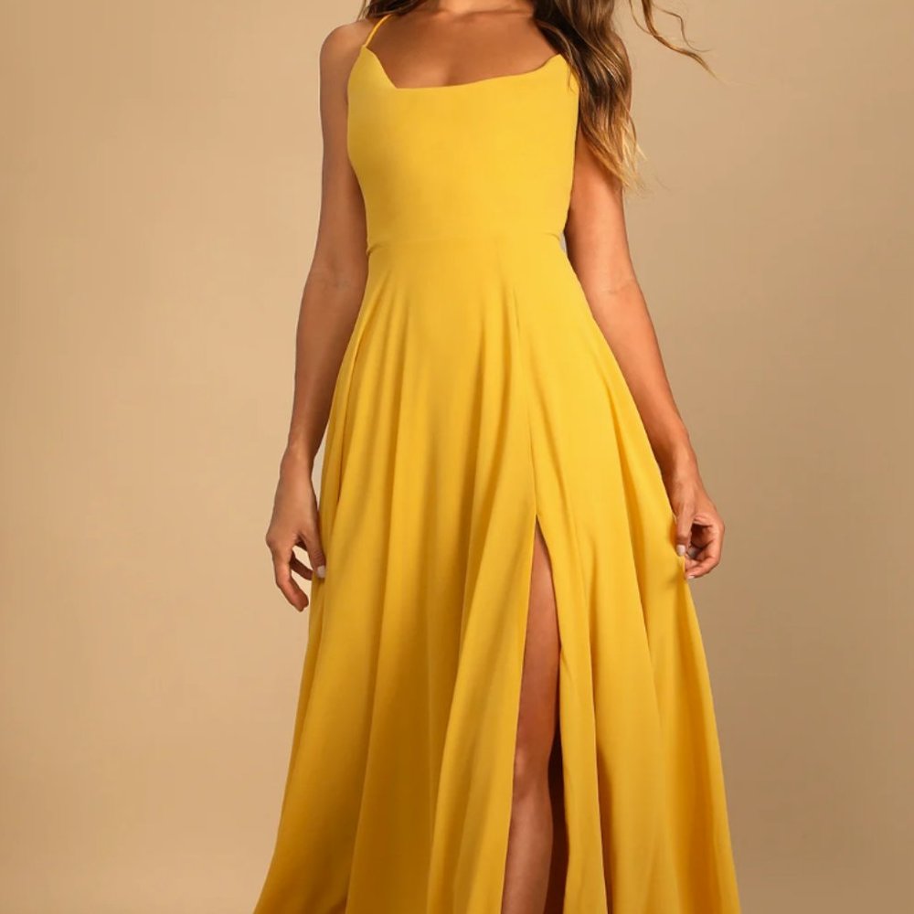Romantically Speaking Mustard Yellow Cowl Lace-Up Maxi Dress (Lulus)